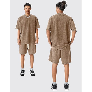 Ensemble T-shirt et short en tissu éponge absorbant la transpiration, délavé à l'acide, avec logo personnalisé, style vintage, DTG, pour homme, coupe ample, 100% coton, poids lourd - Product Image 4