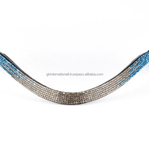 Diadema de cuero negro inglés personalizada con pequeños cristales brillantes y pedrería decorativa en forma de onda para caballo, talla full cob. - Product Image 2