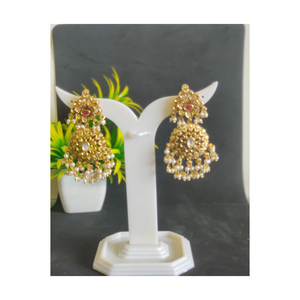 ต่างหูชุบทองแบบ Kundan Kashmiri Chandbali ประดับด้วยหินสีขาวและลูกปัดมุกสำหรับผู้หญิง - Product Image 2