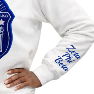 เสื้อสเวตเชิ้ตเชนิลล์ลายโล่ Zeta Phi Beta สีขาวสำหรับผู้หญิง ปักลายตราสัญลักษณ์กรีก ปี 1920 ZPB เสื้อผ้าสำหรับชมรมนักศึกษา - Product Image 3