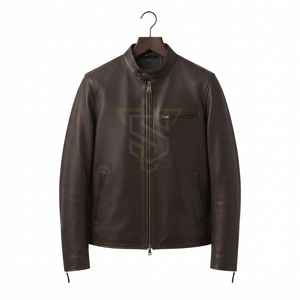 Blouson moto homme en cuir véritable marron foncé respirant, col montant, fermeture éclair, coupe classique, pour l'hiver - Product Image 1