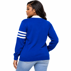 Suéter Cárdigan Zeta Phi Beta para Mujer, Azul Rey con Ribete Crema, Manga con Rayas Universitarias, Letras Griegas Bordadas, Escudo 1920 - Product Image 2