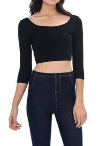 T-shirt court slim à col rond en coton et élasthanne tricoté respirant pour femme, manches longues, style décontracté - Product Image 3