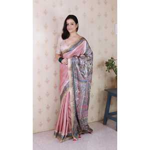 Sari de Noche de Seda Tussar con Estampado Tradicional Madhubani de Elite Weaves, con Borde Tejido con Zari, Color Melocotón Empolvado, Sin Arrugas, 450g - Product Image 3