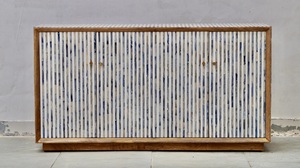 Luxury Handmade Eco-Friendly Bone Inlay <b>Console</b> Cabinet with Blue White Stripe Pattern and <b>Black</b> Interior Storage Design - Product Image 2