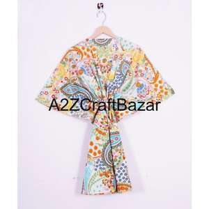 Robe Kaftan 100 % Coton Inde pour Femme, Taille Unique, Imprimé Oiseaux Verts, Douce et Ample, Élastique à la Taille, Idéale pour l'Été et le Quotidien - Product Image 5