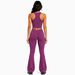 Women's Purple <b>Pilates</b> Outfit Racerback Crop Top Wide Flare <b>Yoga</b> Trousers Flexible Gym Wear Spandex Polyester 2 Piece Activewear - Product Image 2