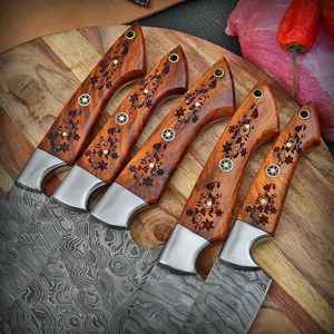 5 Piece Damascus Steel Right Hand Serrated Edge <b>Knife</b> <b>Set</b> Customized Handle Polished Blade <b>Sharp</b> Kitchen <b>Knives</b> Genuine Leather - Product Image 4