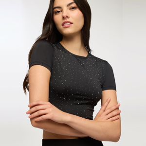 Women's Black Sequined Dot Print Short Sleeve <b>Crop</b> <b>Top</b> O-Neck Slim Fit Sporty Knitted <b>Rhinestone</b> T-Shirt - Product Image 1