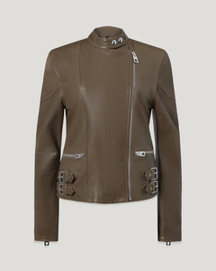 Veste Moto en Cuir Véritable pour Femme, Col Montant, Manches Longues, Fermeture Éclair, Couleur Unie, Mode Automne, Broderie - Product Image 1
