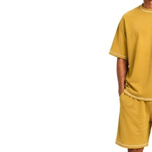 Mustard Yellow Mens Oversized T Shirt And Shorts <b>Set</b> White Contrast Piping Custom Logo Crew Neck Casual Streetwear Wholesale - Product Image 3