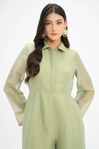 Elegante Mono Verde de Punto Transparente con Bordado para Mujer, Mangas Acampanadas, Cuello Vuelto, Largo Completo, Ajuste Holgado, Ideal para Primavera y Verano - Product Image 4