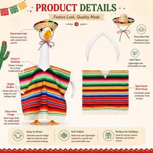 Garden Goose Outfit Mexican Fiesta Serape <b>Poncho</b> Straw Sombrero Rainbow Stripe Fringe Porch Statue Decor Holiday Party - Product Image 5