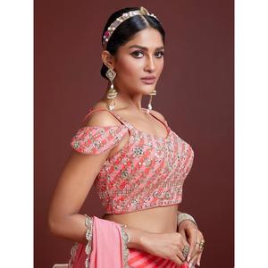 Tenue de mariage en organza imprimé numérique pêche Lehenga Choli - Product Image 3