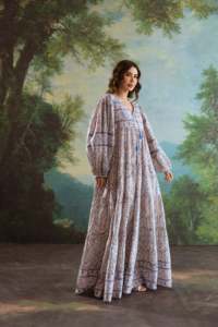 Women Boho Printed Maxi <b>Dress</b> V Neck Lantern Sleeve <b>Loose</b> Fit Breathable <b>Summer</b> Casual Knitted Fabric Eco-Friendly A-Line - Product Image 3