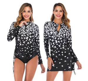 Wholesale Women Swimwear <b>Butterfly</b> Print Long <b>Sleeve</b> Rash Guard Two Piece Swimsuit Modest Swim Dress Beachwear Active Bathing - Product Image 2