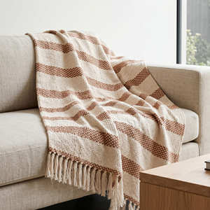 Plaid décoratif classique en coton tissé rayé beige neutre toutes saisons, exportateur, sur mesure, en gros - Product Image 3