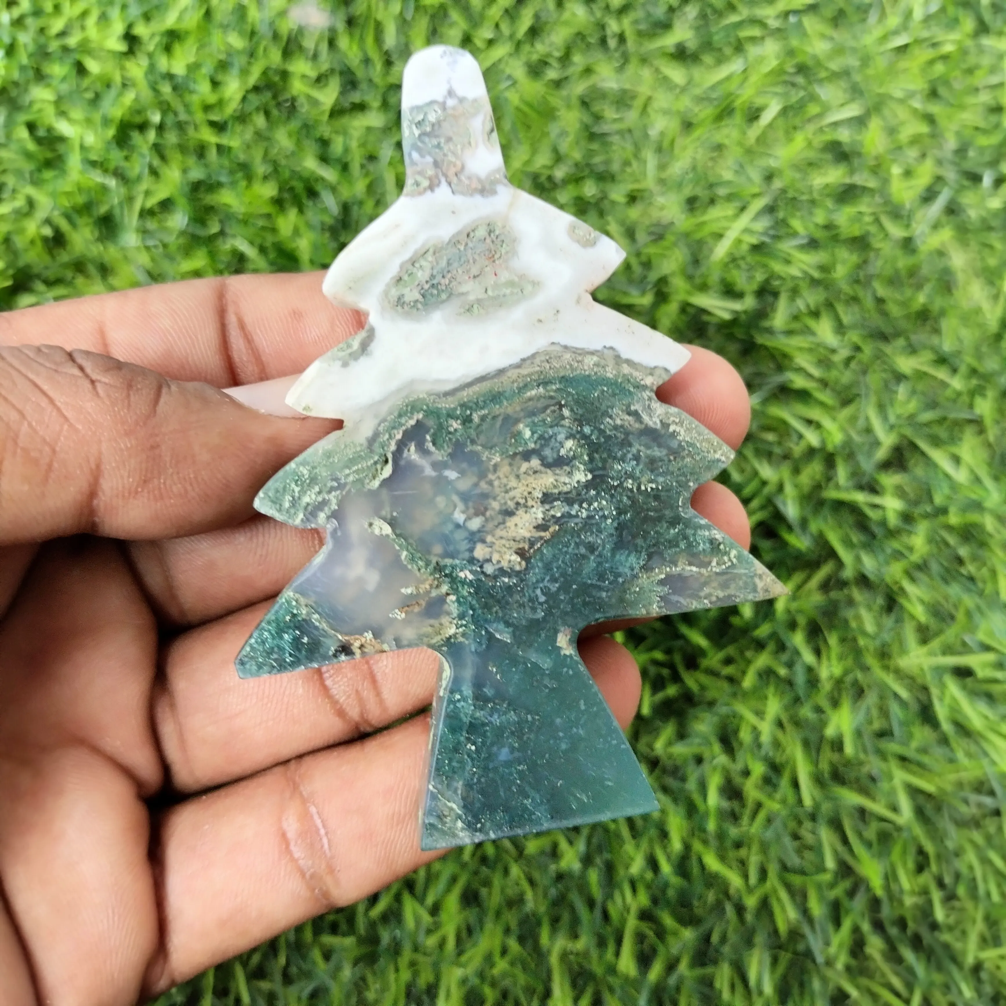 Moss akik doğal kristal şifa taşı yeşil yosun akik yılbaşı ağacı şekli kristal el sanatları