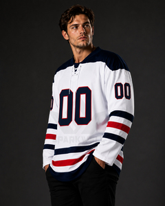 Maillot de hockey sur glace personnalisé pour homme, 100 % polyester, impression sublimée, séchage rapide, coupe classique, col en V, manches longues, fermeture à cordon - Product Image 5