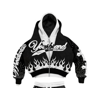 Conjunto de Chándal Personalizado con Estampado de Llamas en Blanco y Negro, Sudadera con Capucha, Manga Larga, Estilo Urbano, Unisex, para Adultos, Otoño, con Cordón Ajustable y Bolsillos, Corte Holgado - Product Image 2