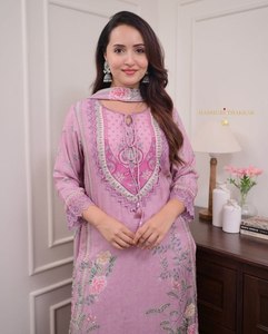 Women Purple MUSLIN Embroidered Ankle-Length <b>Kurti</b> Set Traditional <b>Indian</b> Pakistani Casual Wear Regular Fit Stretchable Design - Product Image 3