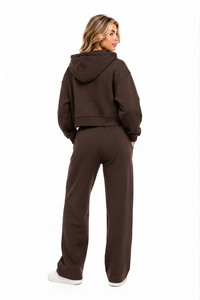 Ensemble de survêtement pour femme avec sweat à capuche court zippé marron chocolat et pantalon à jambe large en molleton de coton GSM, coupe ample, personnalisable, direct usine, OEM - Product Image 3