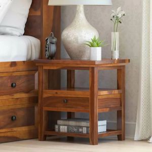 Table de chevet en bois massif Sheesham avec 1 tiroir et 2 compartiments de rangement, table d'appoint en bois pour chambre à coucher, salon - Product Image 2