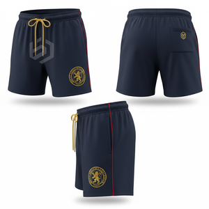 <b>Men's</b> Navy Blue Drawstring <b>Shorts</b> With Gold Embroidered Logo And <b>Red</b> Side Stripe Quick Dry Casual Wear - Product Image 1