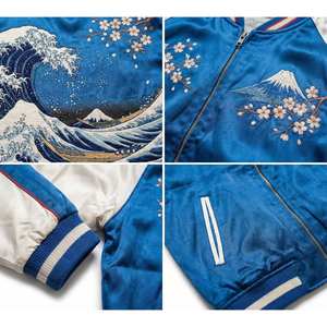 Chaqueta Varsity Sukajan Azul Satinado, Estilo Japonés, Bordado Vintage, Parches de Lona, Ropa Urbana, Monte Fuji, Gran Ola, Ukiyo-e - Product Image 5