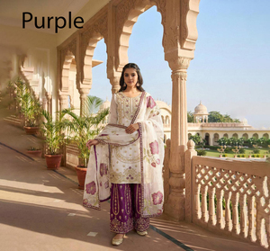 Sterling Creations Kurta de Seda Morada Bordada con Palazzo, Vestido Tradicional Indio Pakistaní para Mujer, para Bodas y Fiestas, Largo hasta la Rodilla - Product Image 1