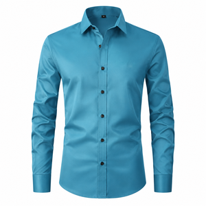 Chemise habillée rose unie à manches longues pour homme, col rabattu, style formel, en tissu popeline tissé - Product Image 3