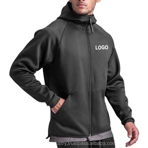 Veste de fitness solide à la mode pour hommes, sweat à capuche à fermeture éclair complète, en coton, polaire éponge, sweat à capuche vierge de poids moyen pour la saison d'automne - Product Image 2