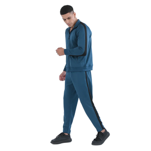 Survêtement bleu pour homme, fermeture éclair intégrale, col demi-zip, manches longues, coupe classique, poches latérales, respirant, polyester et coton, style décontracté - Product Image 1
