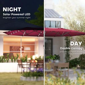 Ombrellone Bifacciale con Luci Solari LED, Raggio 2,5m, Rosso Vino, per Esterni in Cotone e Poliestere - Product Image 4