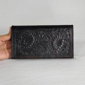 Handmade Genuine Leather Long Wallet With <b>Embossing</b> Floral Pattern Vintage Style Fold Closure Unisex Daily Use - Product Image 1