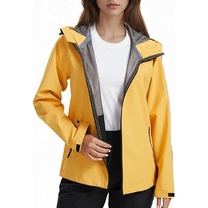 Veste coupe-vent softshell jaune moutarde à capuche avec bordure contrastée, imperméable, respirante, zippée, pour femme, pour activités de plein air - Product Image 3