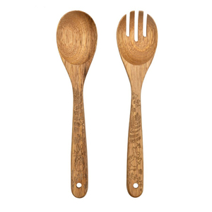 Ensemble de 2 spatules à salade en teck massif faites à la main, à manche court, pour mélanger et servir les salades et les pâtes - Product Image 3