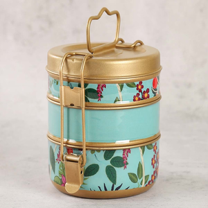 Turquoise brass tiffin <b>box</b>, 3 tier floral painted food carrier, antique botanical metal lunch <b>box</b>, available at wholesale prices - Product Image 5