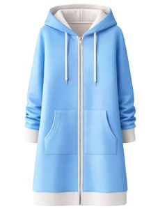 Sudadera con capucha larga azul cielo para mujer, abrigo de invierno con forro polar y bolsillos tipo canguro, informal, OEM, personalizado de fábrica - Product Image 1