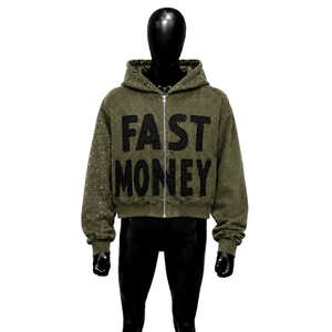 Fast Money for Embroidered Hoodie Men's Oversized Zipper Front Olive Green Hip Hop Sweatshirt Breathable Winter Style - Product Image 1