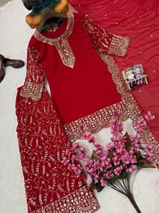 Conjunto de Salwar Kameez Bordado con Pedrería, Color Rojo, Traje Indio Pakistaní para Mujer con Dupatta, para Bodas y Fiestas - Product Image 6