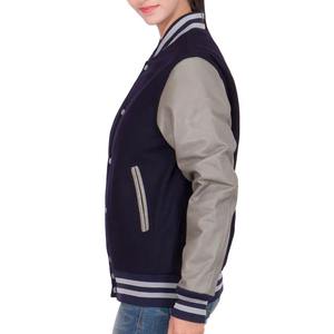 Veste universitaire unisexe marine avec manches en PU gris, col rabattu, style preppy, vêtement d'automne, coupe classique - Product Image 2
