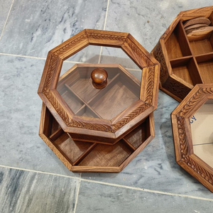 Hand Carved Rosewood Octagonal Spice <b>Box</b> with Glass Lid Handmade <b>Masala</b> Organizer Kitchen Storage Container - Product Image 3
