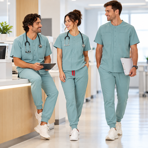 Conjunto de Uniforme Médico Unisex de Algodón y Poliéster Color Verde Azulado, Manga Corta, Cuello Alto, Botones al Frente, Pantalones Tipo Jogger, Uniforme de Hospital - Product Image 2
