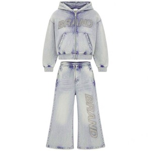 Custom Premium Rhine Stone Zipper Crop Hoodie Baggy Trouser Acid Wash Printed Unisex Tracksuit High Quality Material Casual - Product Image 2