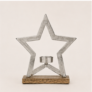 Handcrafted Metal Star <b>Tea</b> <b>Light</b> Candle Holder With Solid Mango Wood Base Modern Rustic <b>Christmas</b> Tabletop Decoration & Home - Product Image 3