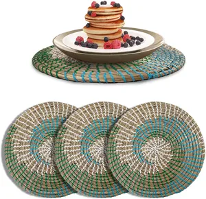 Handmade Teal Pattern Seagrass Placemat Natural Straw Table Mat Green Striped Coaster Decorative Place Mat Modern Party Supply - Product Image 1