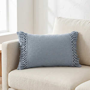 Designer Cotton Cushion Cover Dusty <b>Blue</b> Fringe Detail <b>Throw</b> Pillow Modern Living Room Decor - Product Image 1