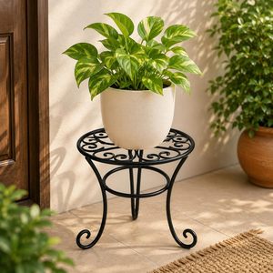 Black <b>Metal</b> <b>Plant</b> <b>Stand</b> 8 Pack Round 3 Leg Flower Pot Holder Lightweight for Indoor Outdoor Garden - Product Image 1