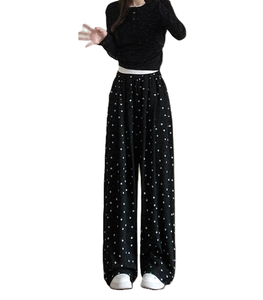 Pantalon taille haute à jambes larges pour femmes, motif à pois, coupe ample, longueur complète, taille élastique, style décontracté, vêtements d'automne - Product Image 5